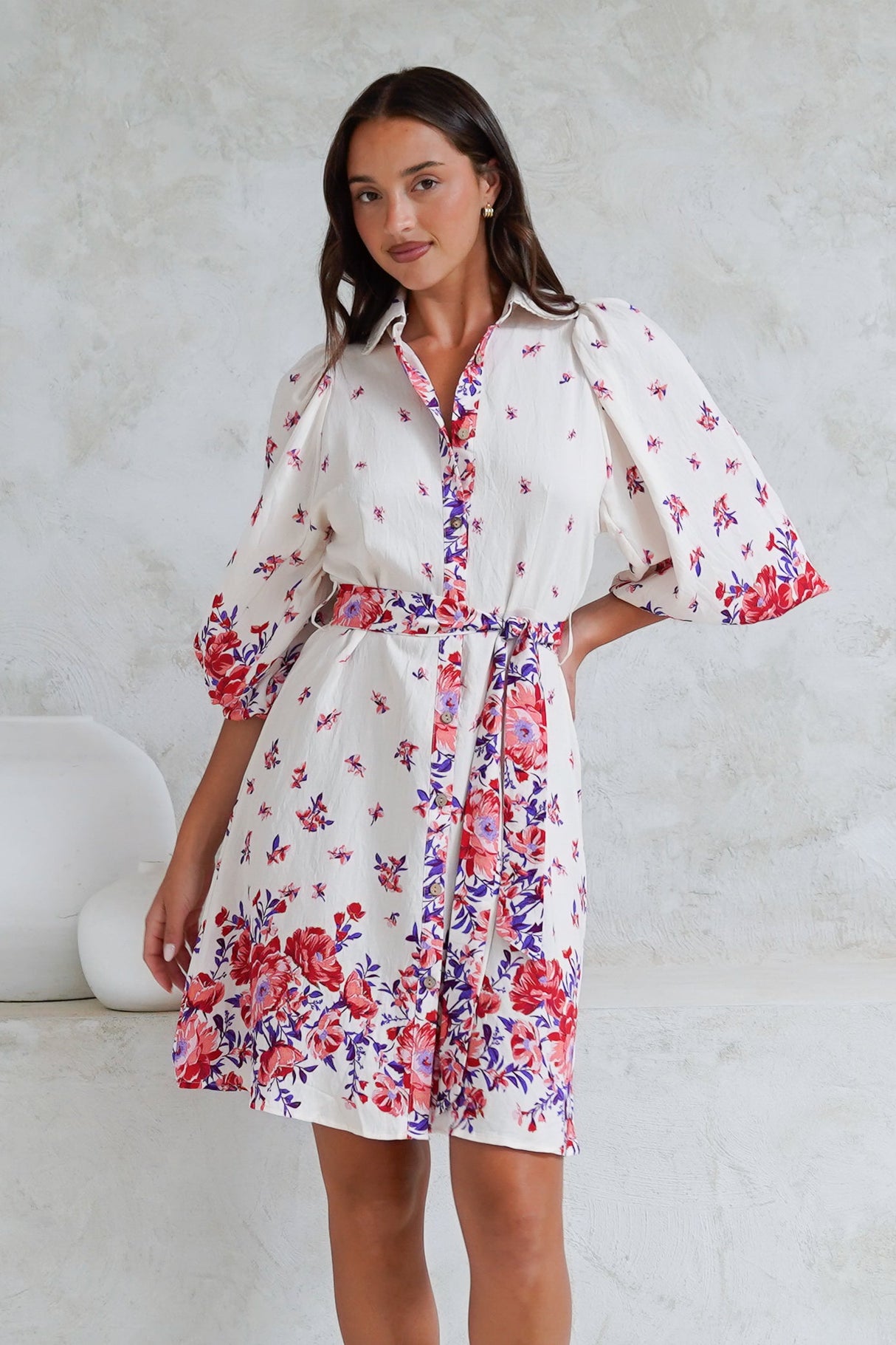 Francine Mini Dress - Collared Shirt Dress with Matching Belt in Huxton Print Red