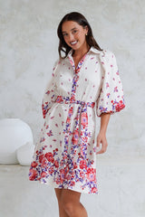 Francine Mini Dress - Collared Shirt Dress with Matching Belt in Huxton Print Red