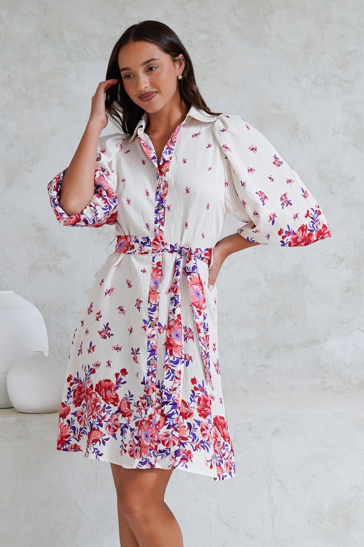 Francine Mini Dress - Collared Shirt Dress with Matching Belt in Huxton Print Red