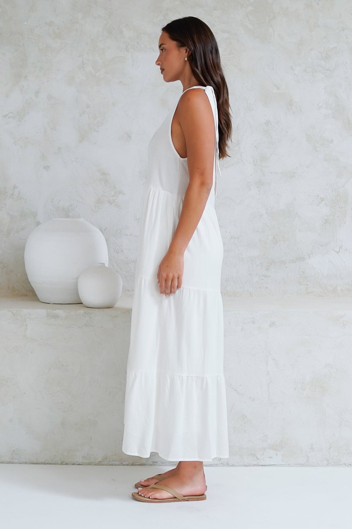 Verona Midi Dress - Tie at Shoulder Straps Sun Dress in White