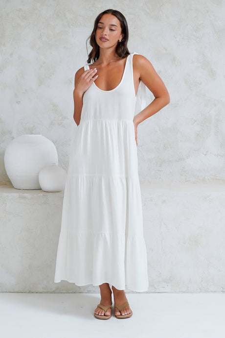 Verona Midi Dress - Tie at Shoulder Straps Sun Dress in White