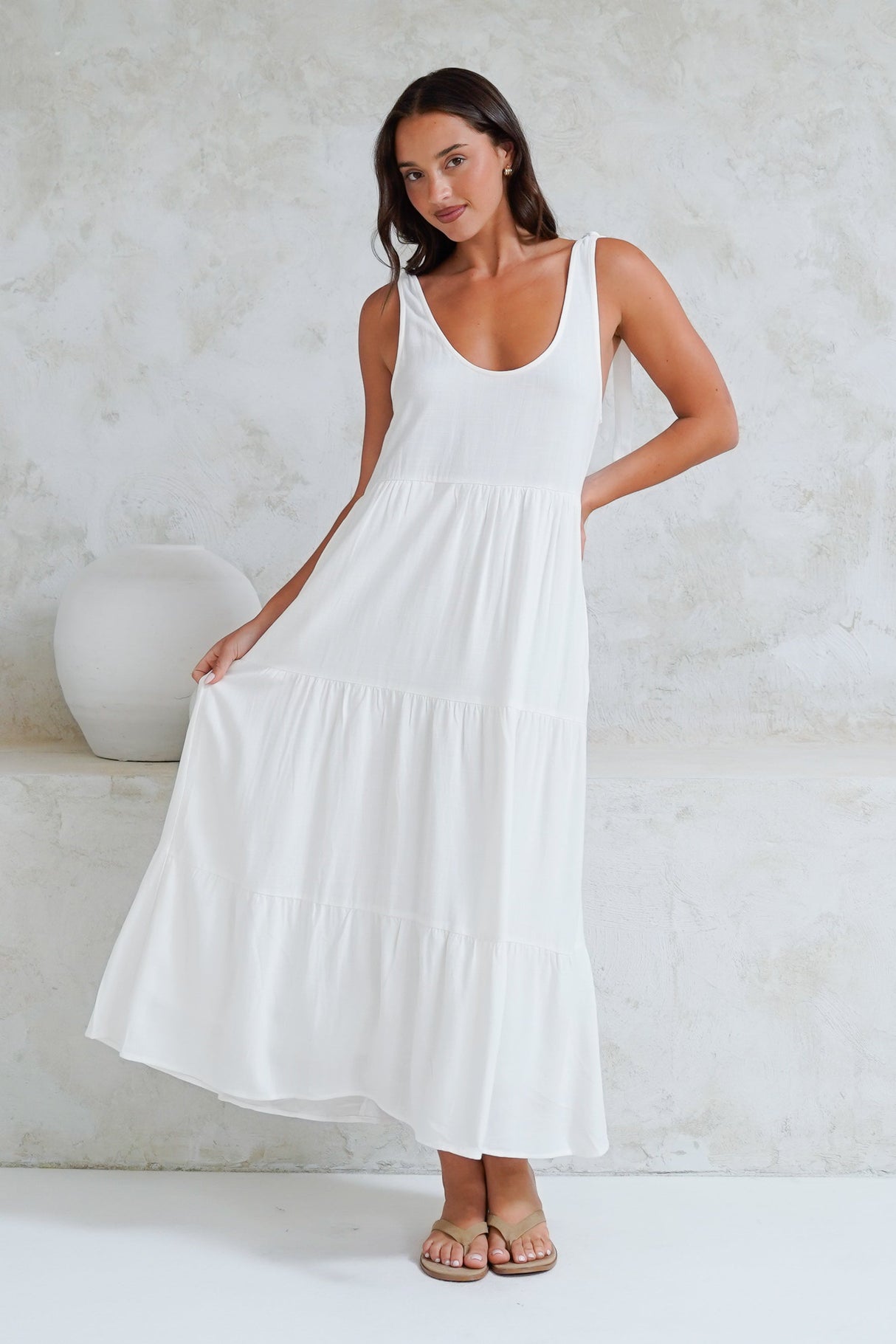 Verona Midi Dress - Tie at Shoulder Straps Sun Dress in White