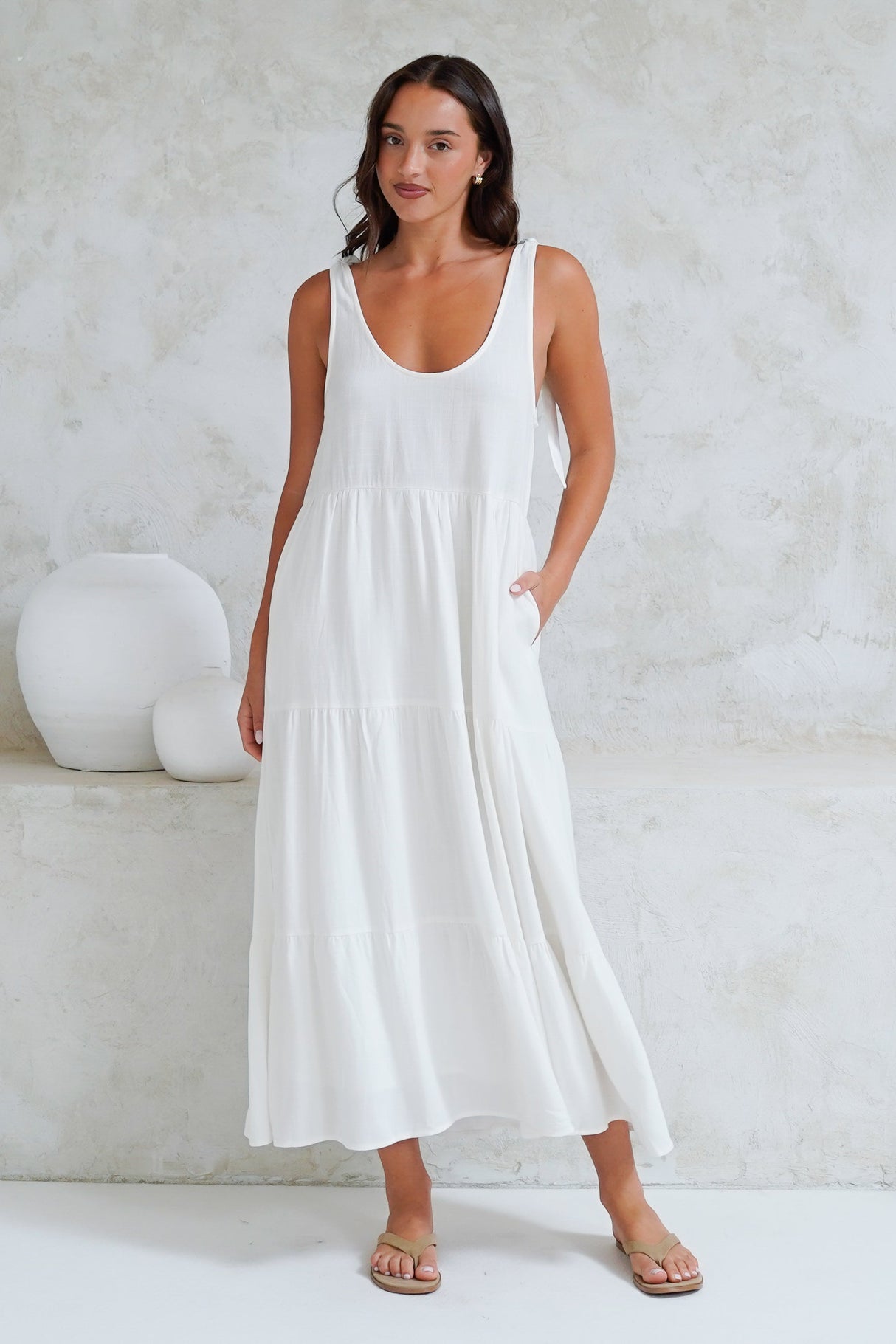 Verona Midi Dress - Tie at Shoulder Straps Sun Dress in White