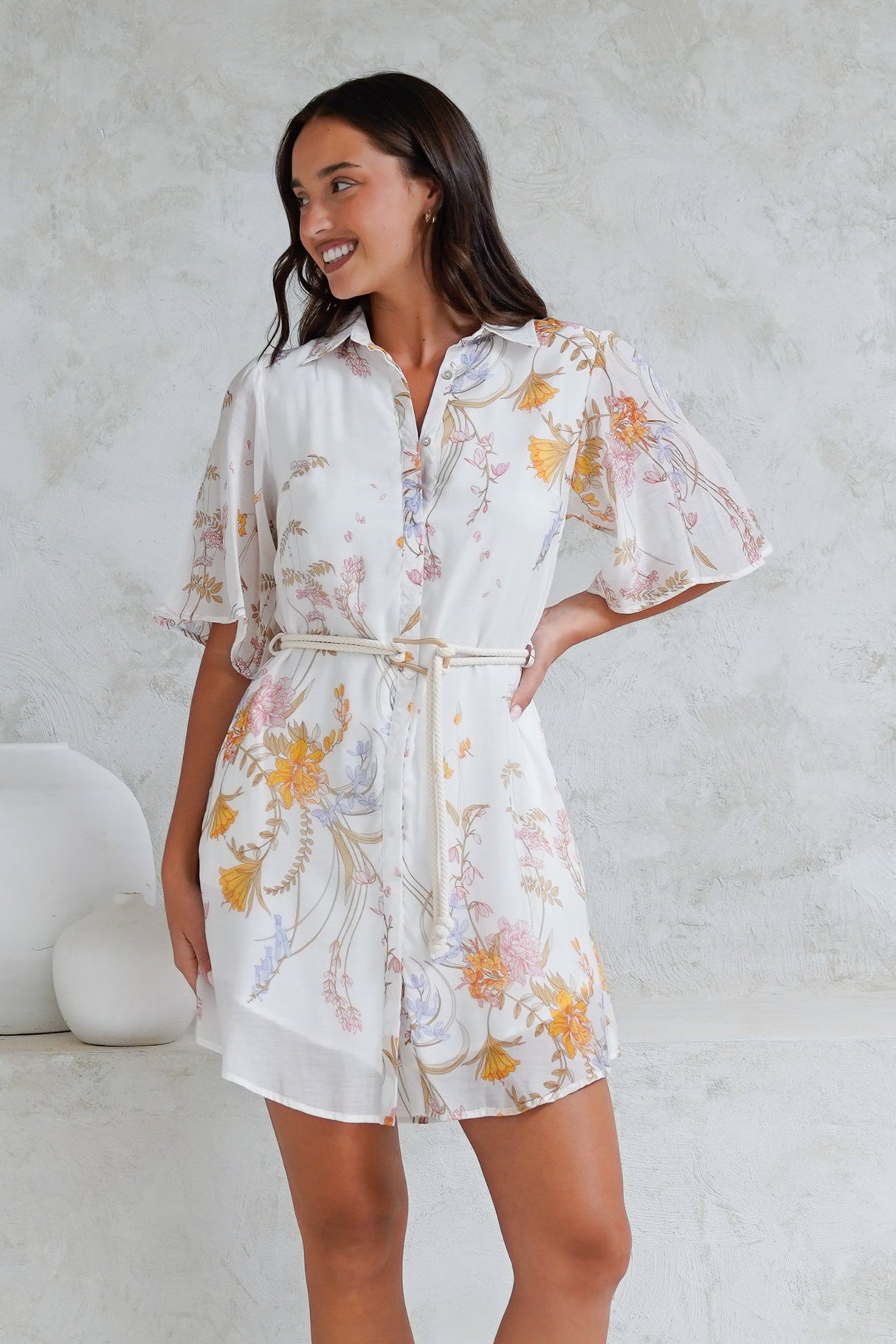 Catalina Mini Dress - Shirt Dress with Bell Sleeves and Rope Belt in Sheree Print