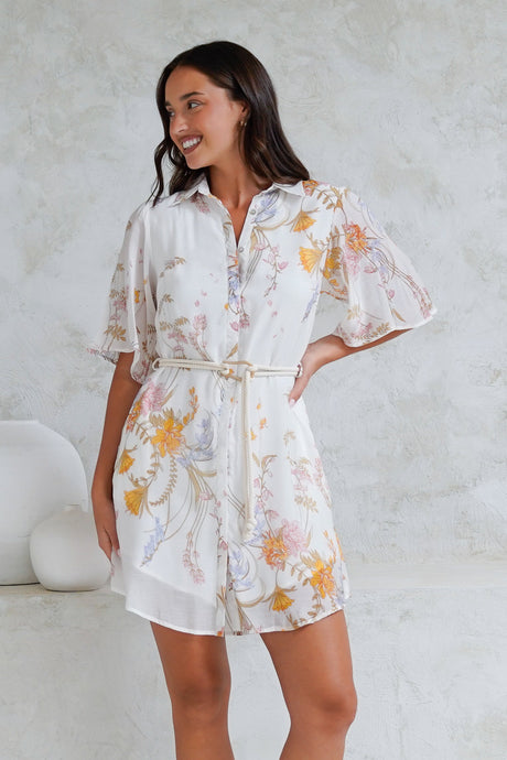 Catalina Mini Dress - Shirt Dress with Bell Sleeves and Rope Belt in Sheree Print