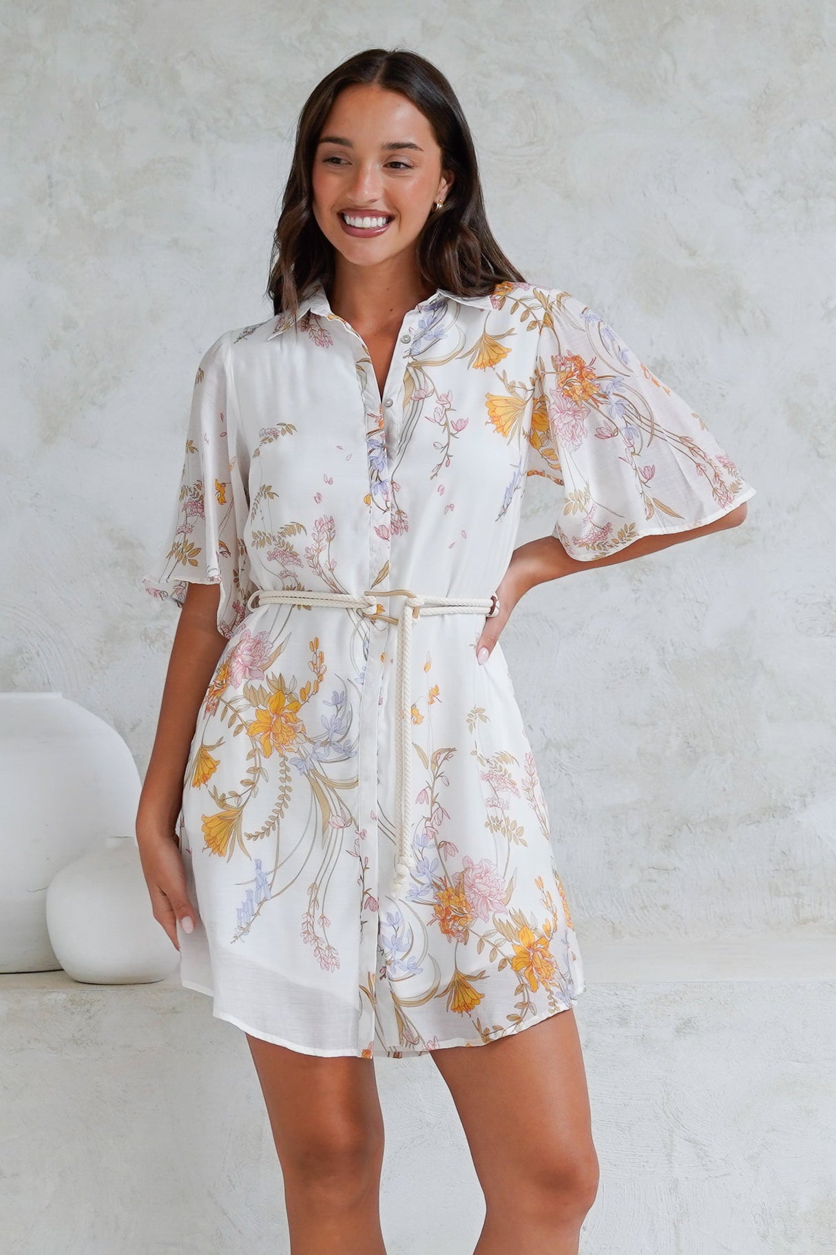 Catalina Mini Dress - Shirt Dress with Bell Sleeves and Rope Belt in Sheree Print