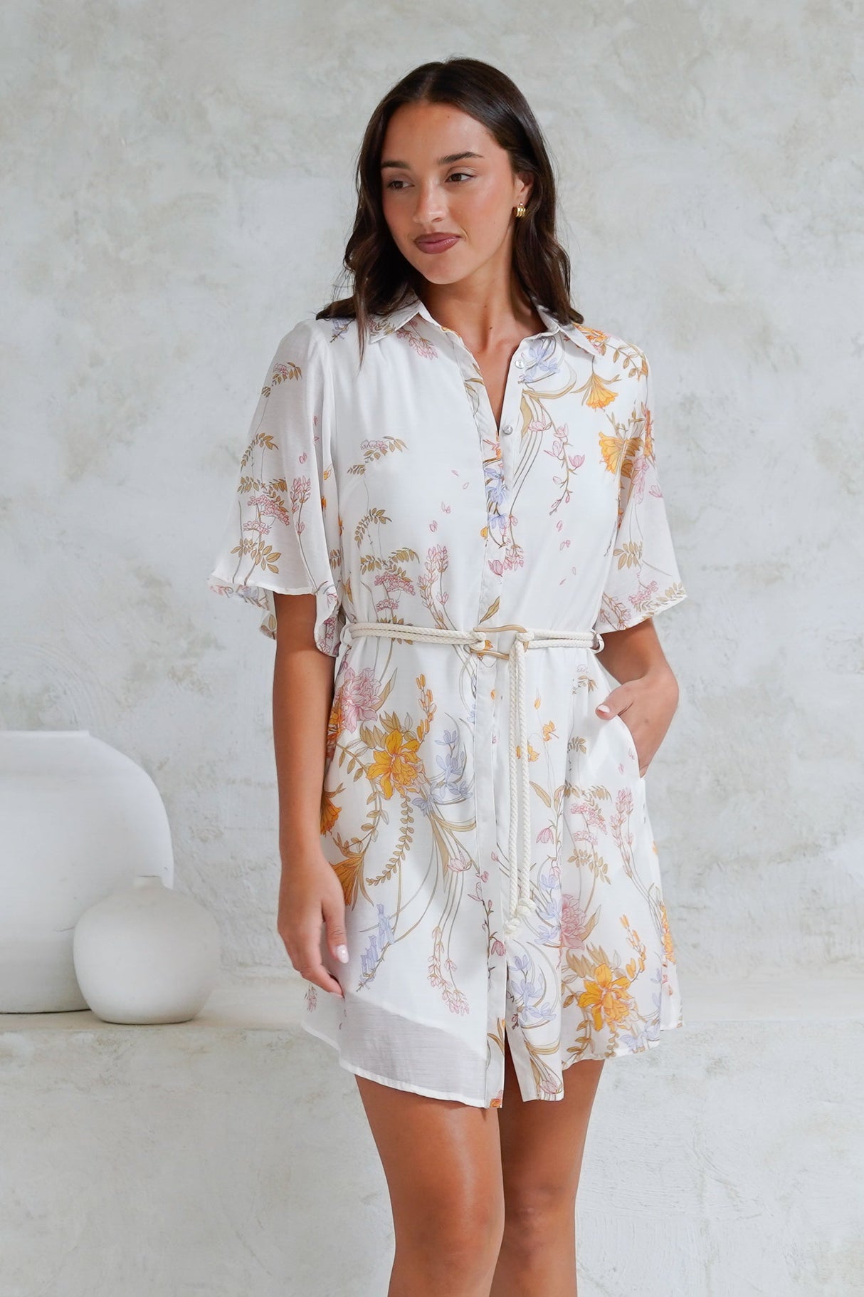 Catalina Mini Dress - Shirt Dress with Bell Sleeves and Rope Belt in Sheree Print
