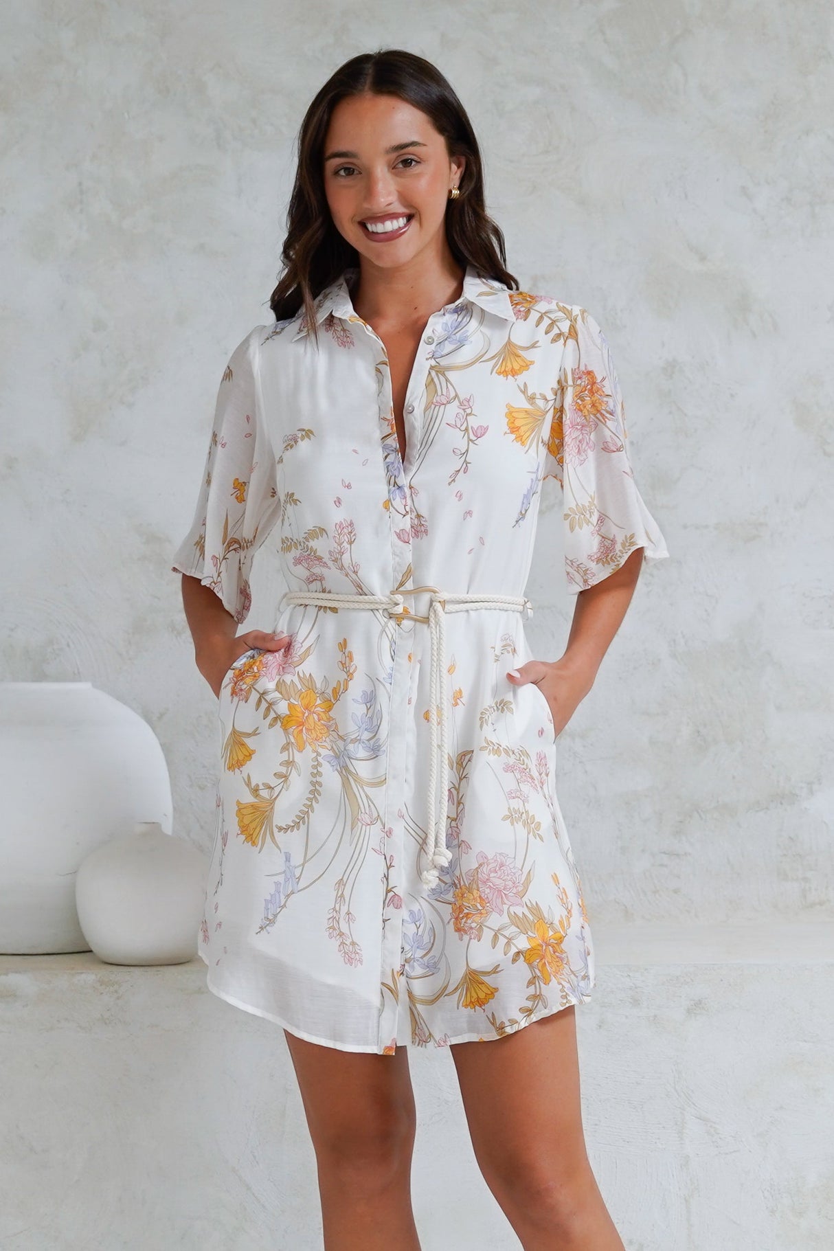 Catalina Mini Dress - Shirt Dress with Bell Sleeves and Rope Belt in Sheree Print