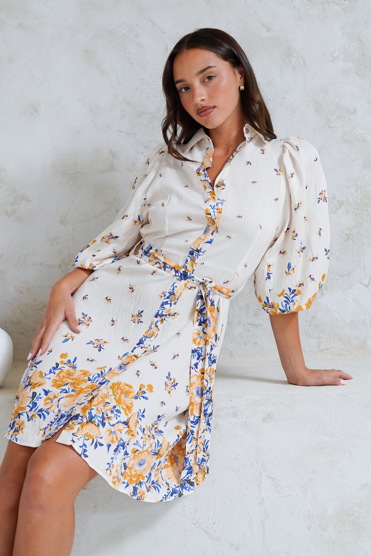 Francine Mini Dress - Collared Shirt Dress with Matching Belt in Huxton Print Blue