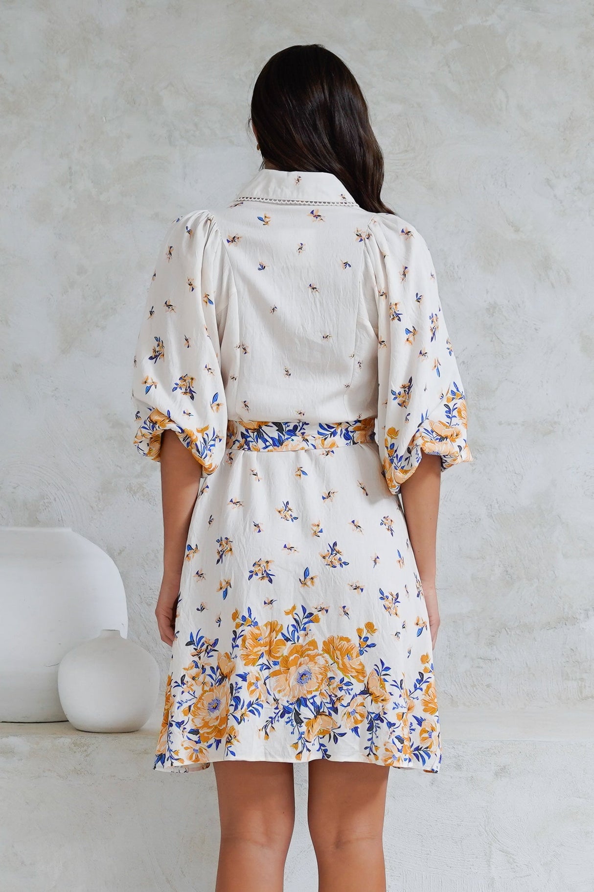 Francine Mini Dress - Collared Shirt Dress with Matching Belt in Huxton Print Blue