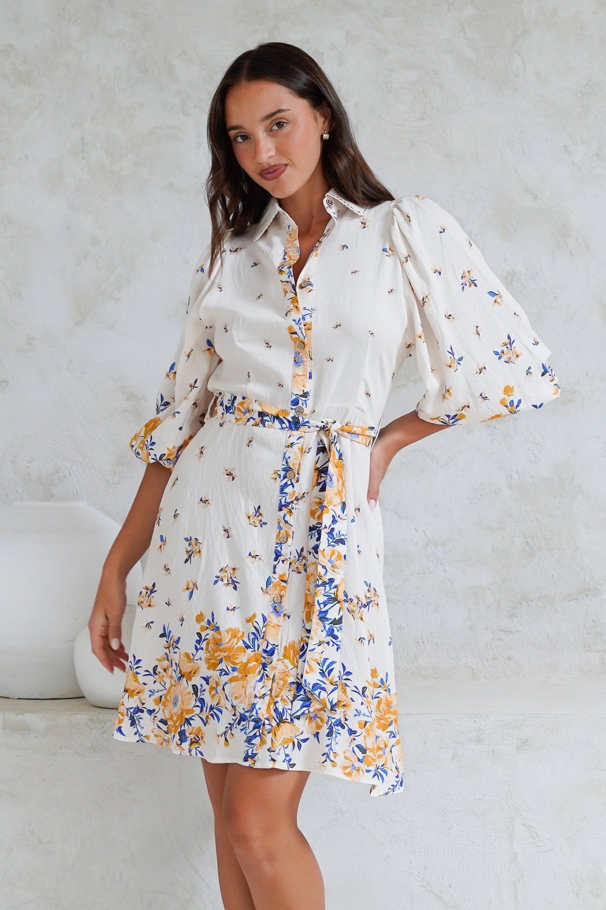 Francine Mini Dress - Collared Shirt Dress with Matching Belt in Huxton Print Blue