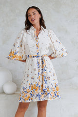 Francine Mini Dress - Collared Shirt Dress with Matching Belt in Huxton Print Blue
