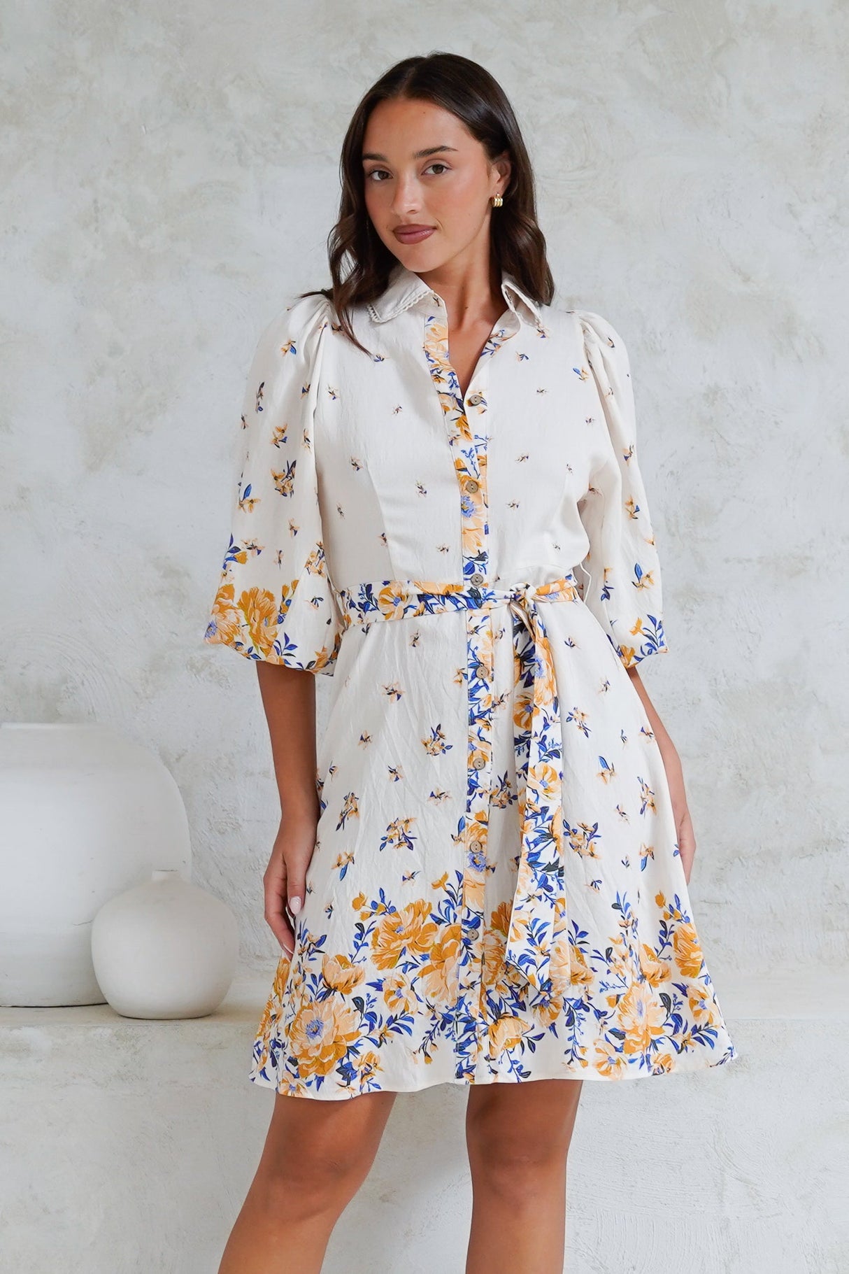 Francine Mini Dress - Collared Shirt Dress with Matching Belt in Huxton Print Blue