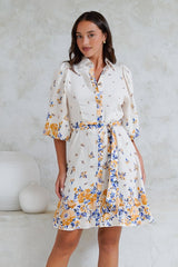 Francine Mini Dress - Collared Shirt Dress with Matching Belt in Huxton Print Blue