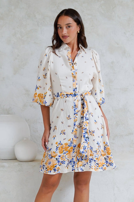 Francine Mini Dress - Collared Shirt Dress with Matching Belt in Huxton Print Blue