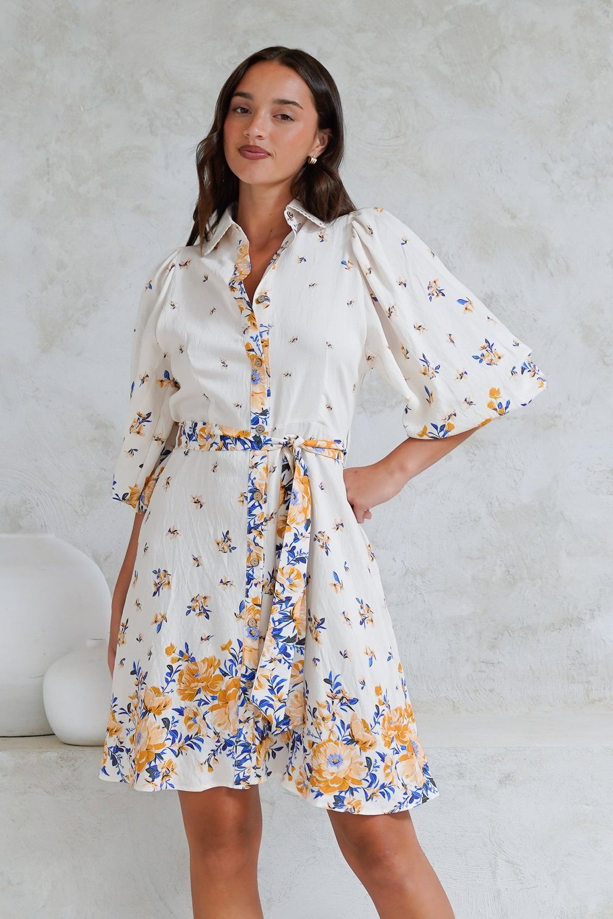 Francine Mini Dress - Collared Shirt Dress with Matching Belt in Huxton Print Blue