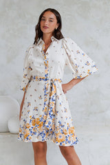 Francine Mini Dress - Collared Shirt Dress with Matching Belt in Huxton Print Blue