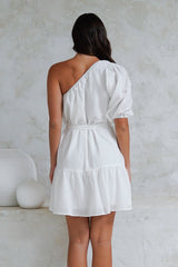 Aubrie Mini Dress - One Shoulder Puff Sleeve Dress with Belt in White