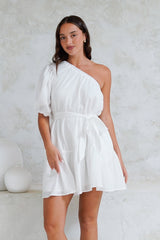 Aubrie Mini Dress - One Shoulder Puff Sleeve Dress with Belt in White