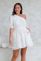 Aubrie Mini Dress - One Shoulder Puff Sleeve Dress with Belt in White