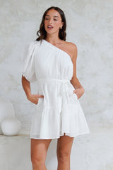 Aubrie Mini Dress - One Shoulder Puff Sleeve Dress with Belt in White