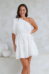 Aubrie Mini Dress - One Shoulder Puff Sleeve Dress with Belt in White