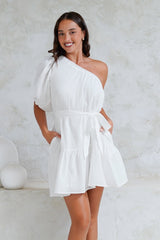 Aubrie Mini Dress - One Shoulder Puff Sleeve Dress with Belt in White