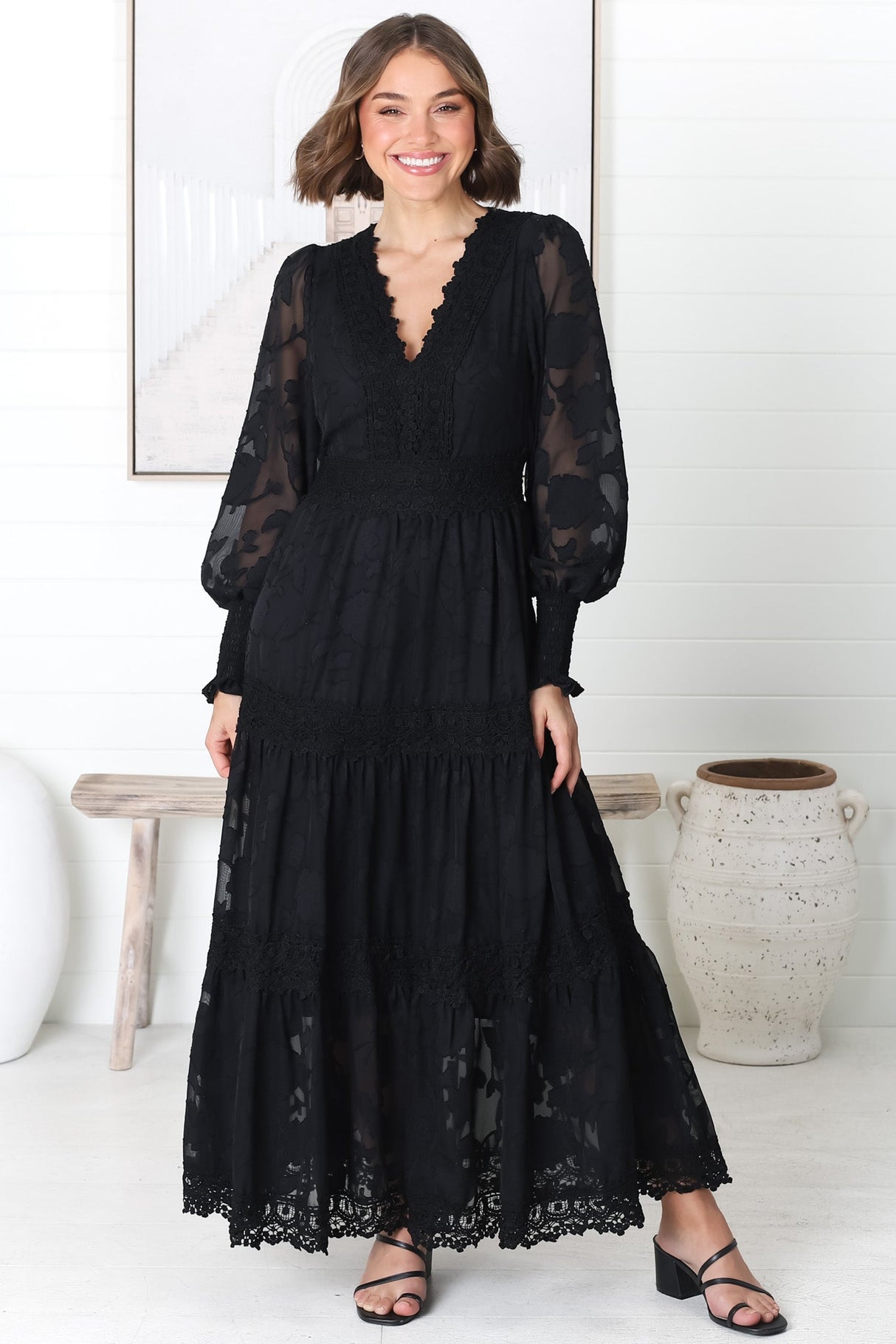 Rouge Maxi Dress - Lace Overlay Tiered Dress in Black