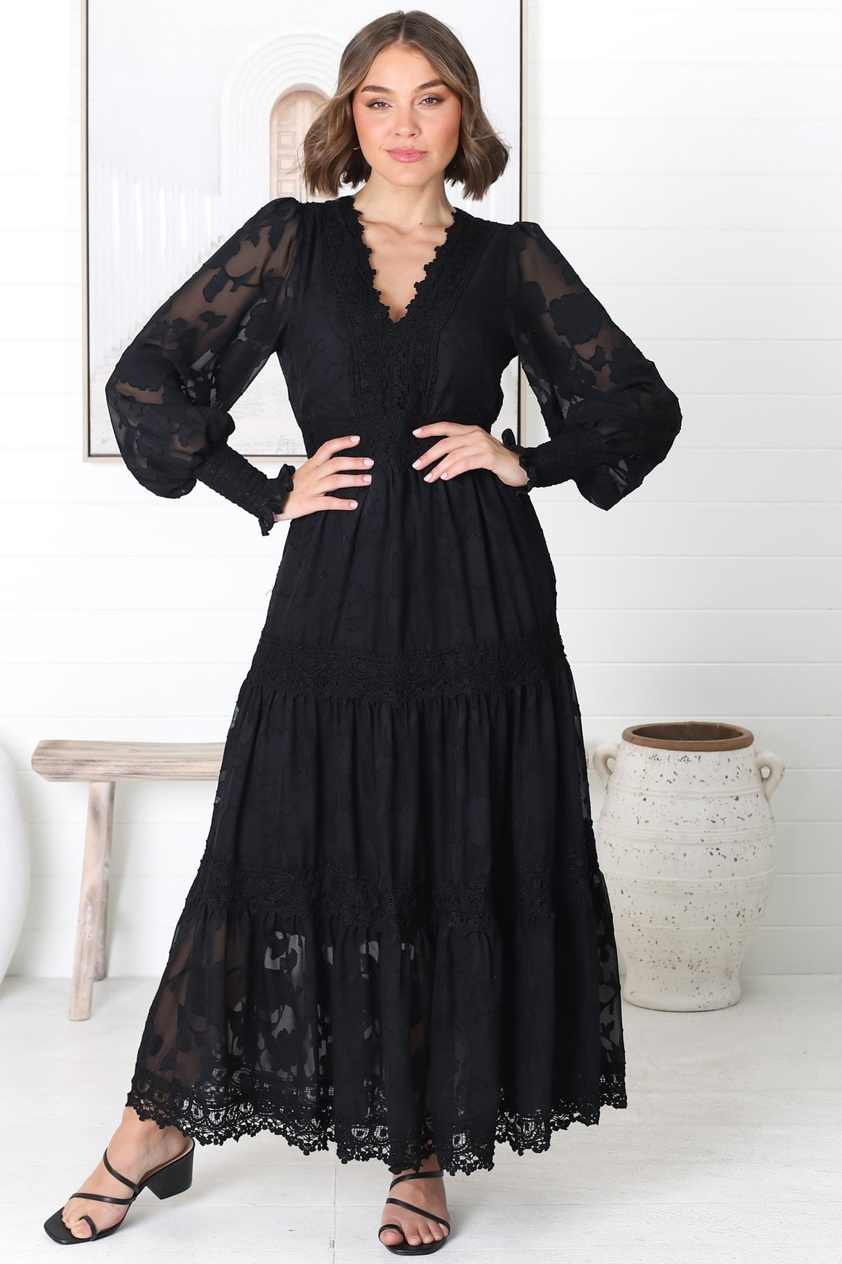 Rouge Maxi Dress - Lace Overlay Tiered Dress in Black