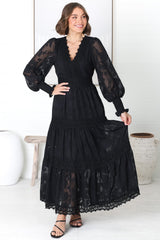 Rouge Maxi Dress - Lace Overlay Tiered Dress in Black