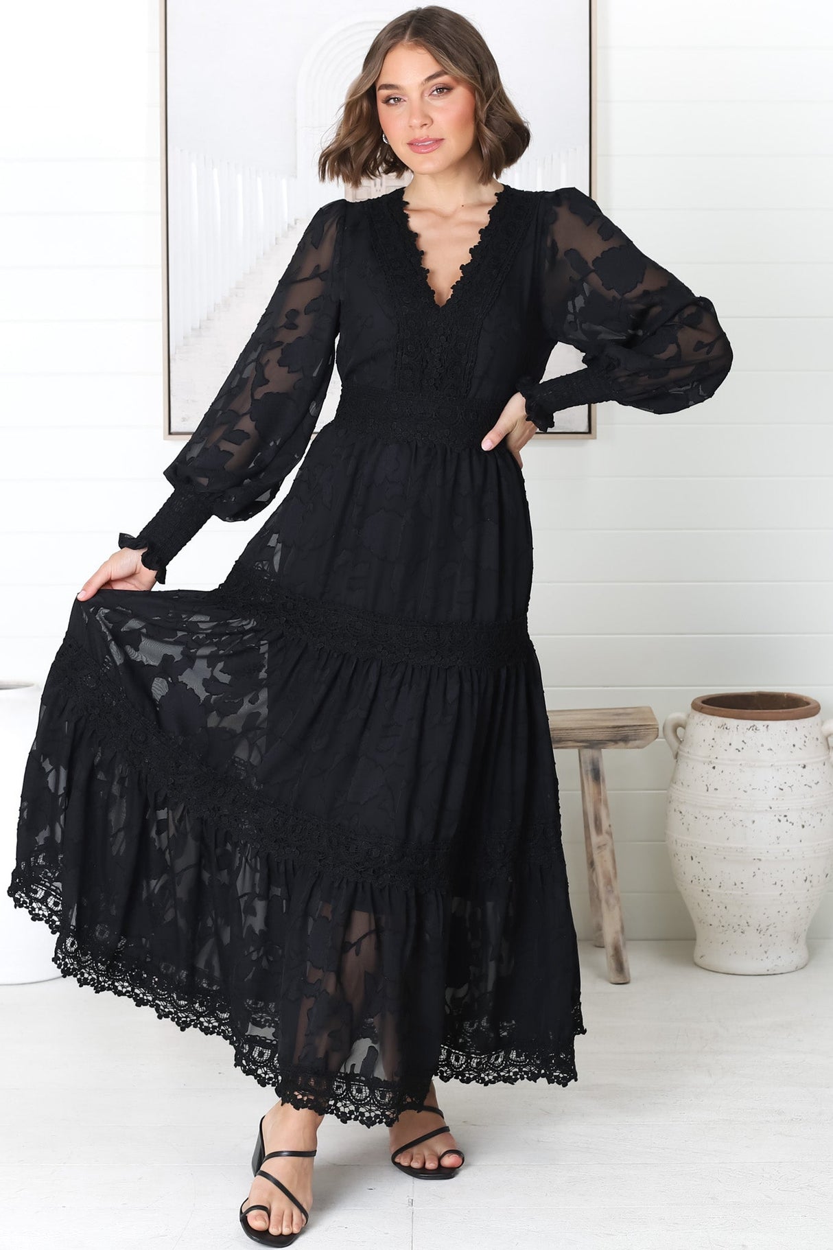 Rouge Maxi Dress - Lace Overlay Tiered Dress in Black