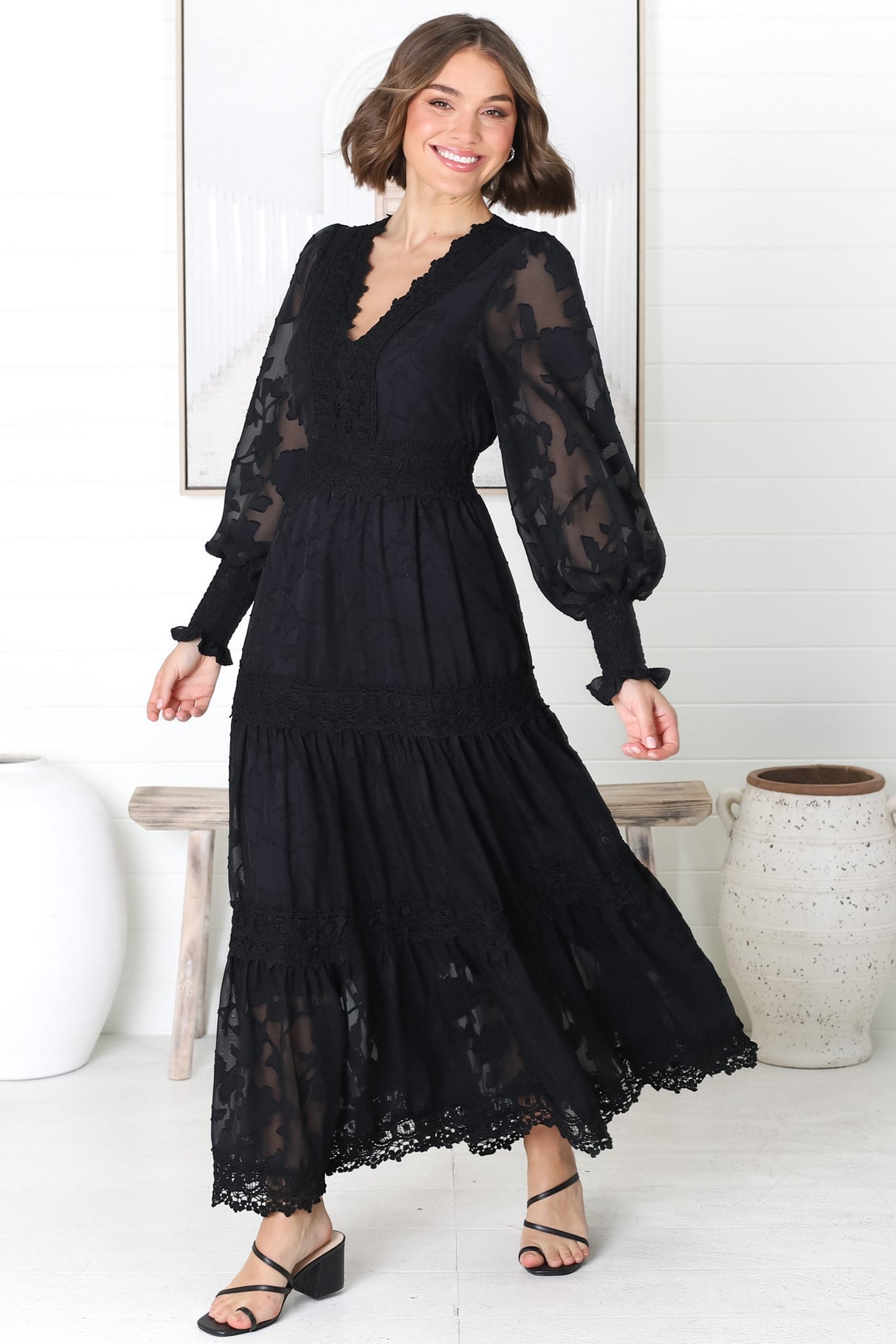 Rouge Maxi Dress - Lace Overlay Tiered Dress in Black