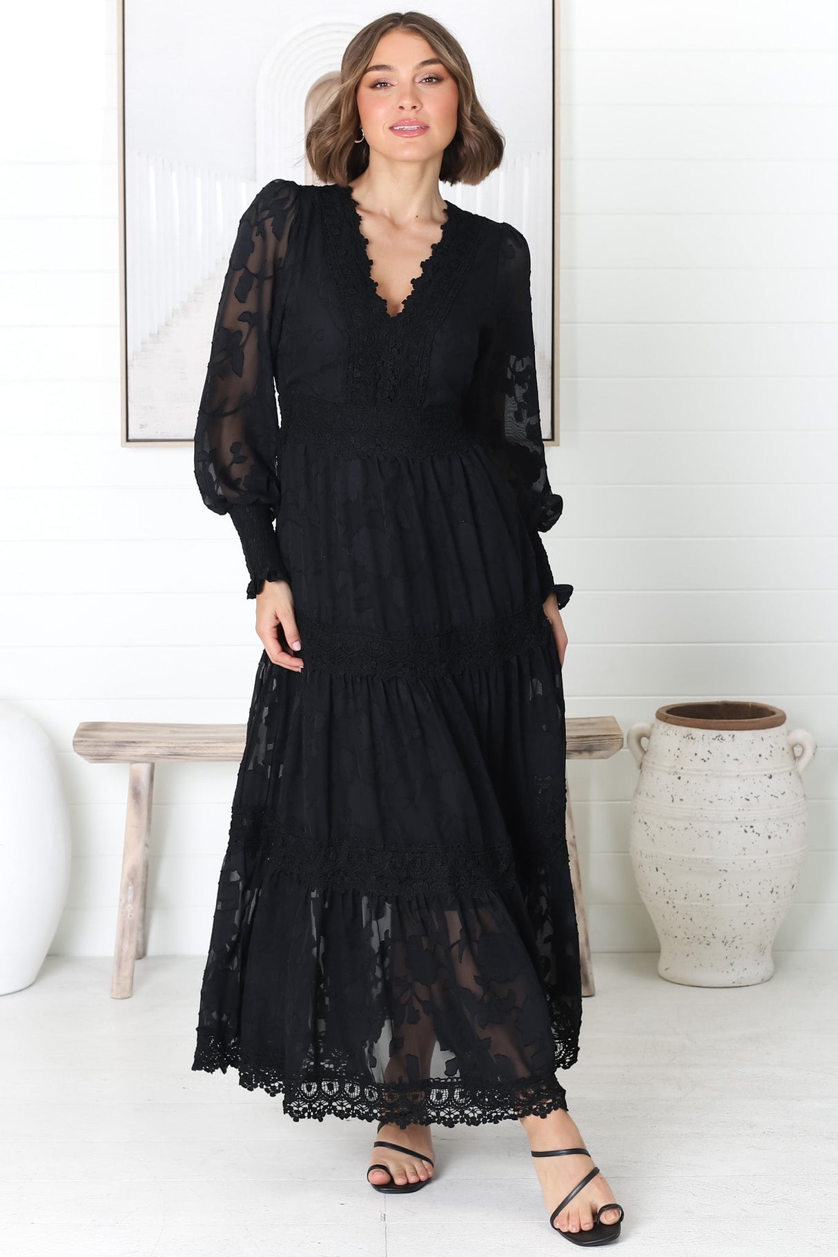 Rouge Maxi Dress - Lace Overlay Tiered Dress in Black