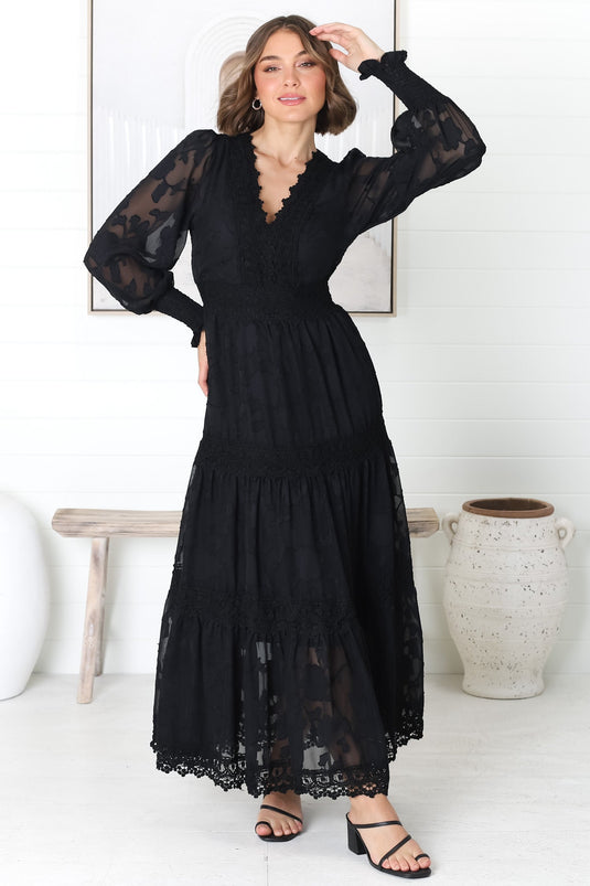 Rouge Maxi Dress - Lace Overlay Tiered Dress in Black