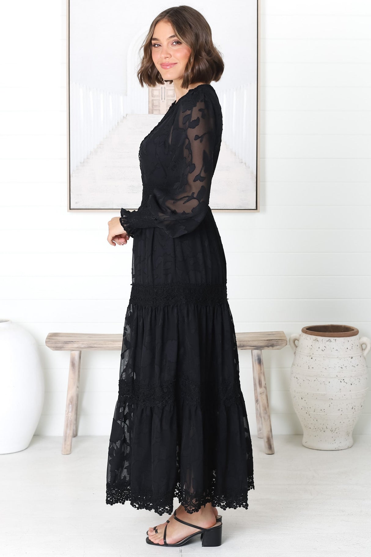 Rouge Maxi Dress - Lace Overlay Tiered Dress in Black