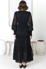 Rouge Maxi Dress - Lace Overlay Tiered Dress in Black