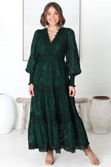 Rouge Maxi Dress - Lace Overlay Tiered Dress in Emerald