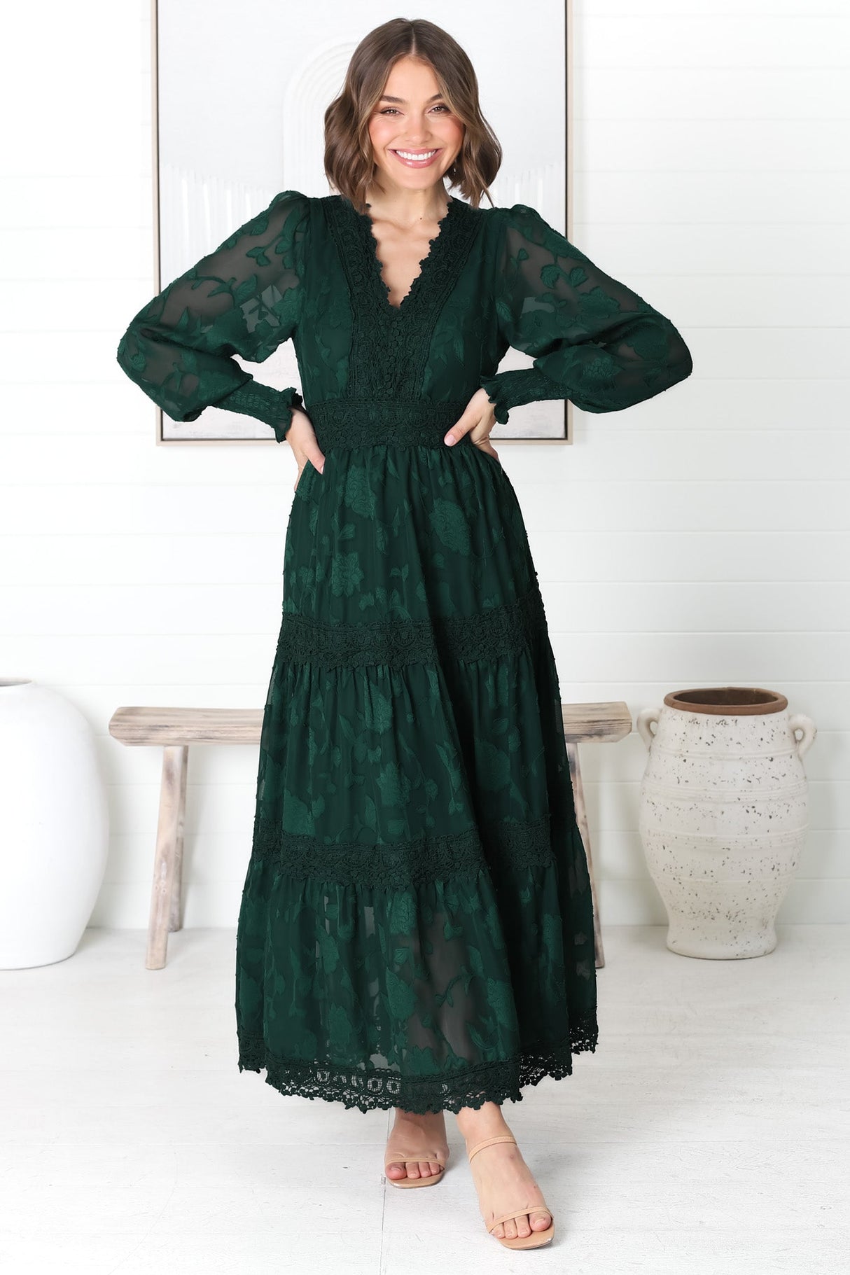 Rouge Maxi Dress - Lace Overlay Tiered Dress in Emerald