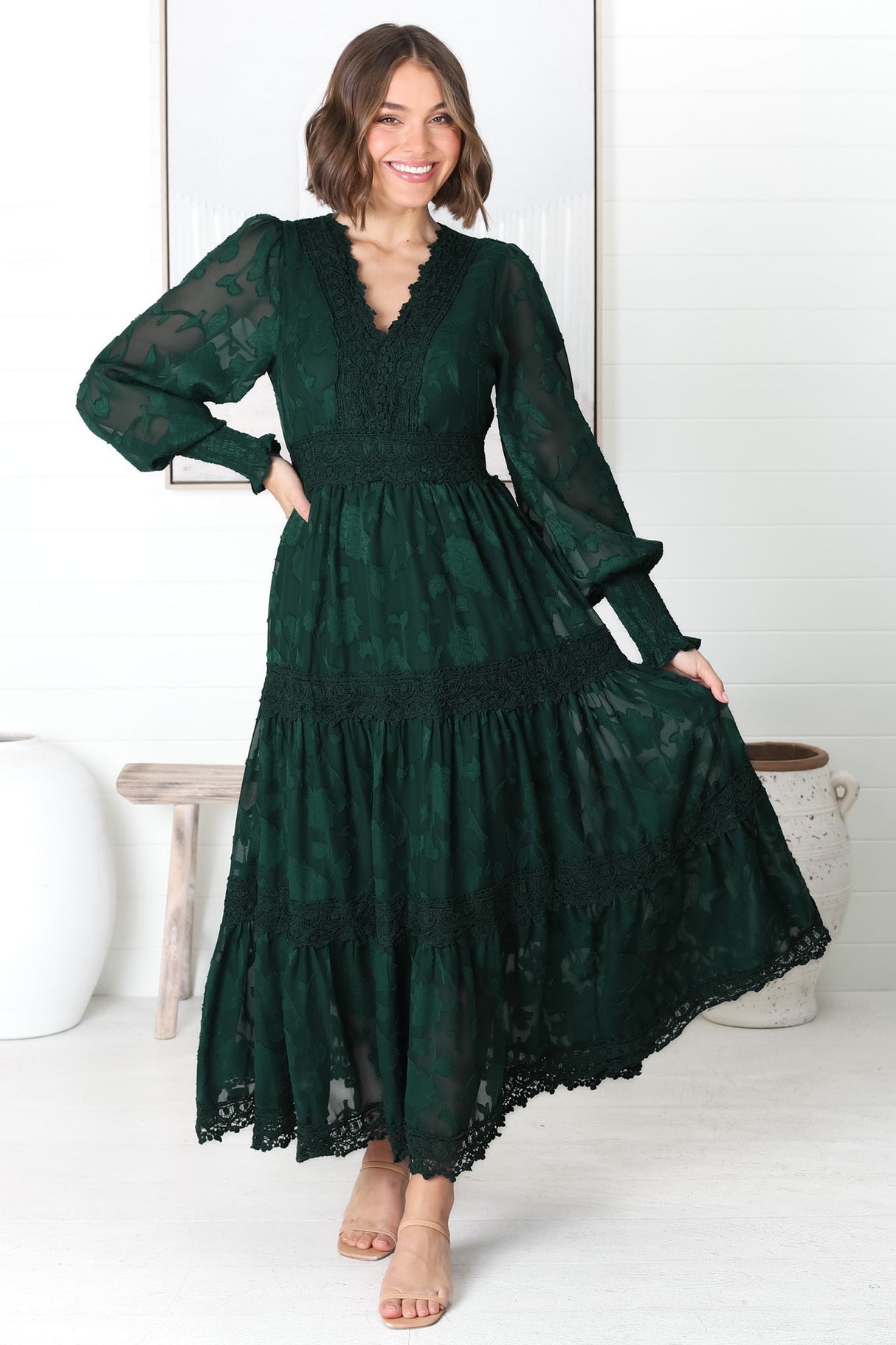 Rouge Maxi Dress - Lace Overlay Tiered Dress in Emerald