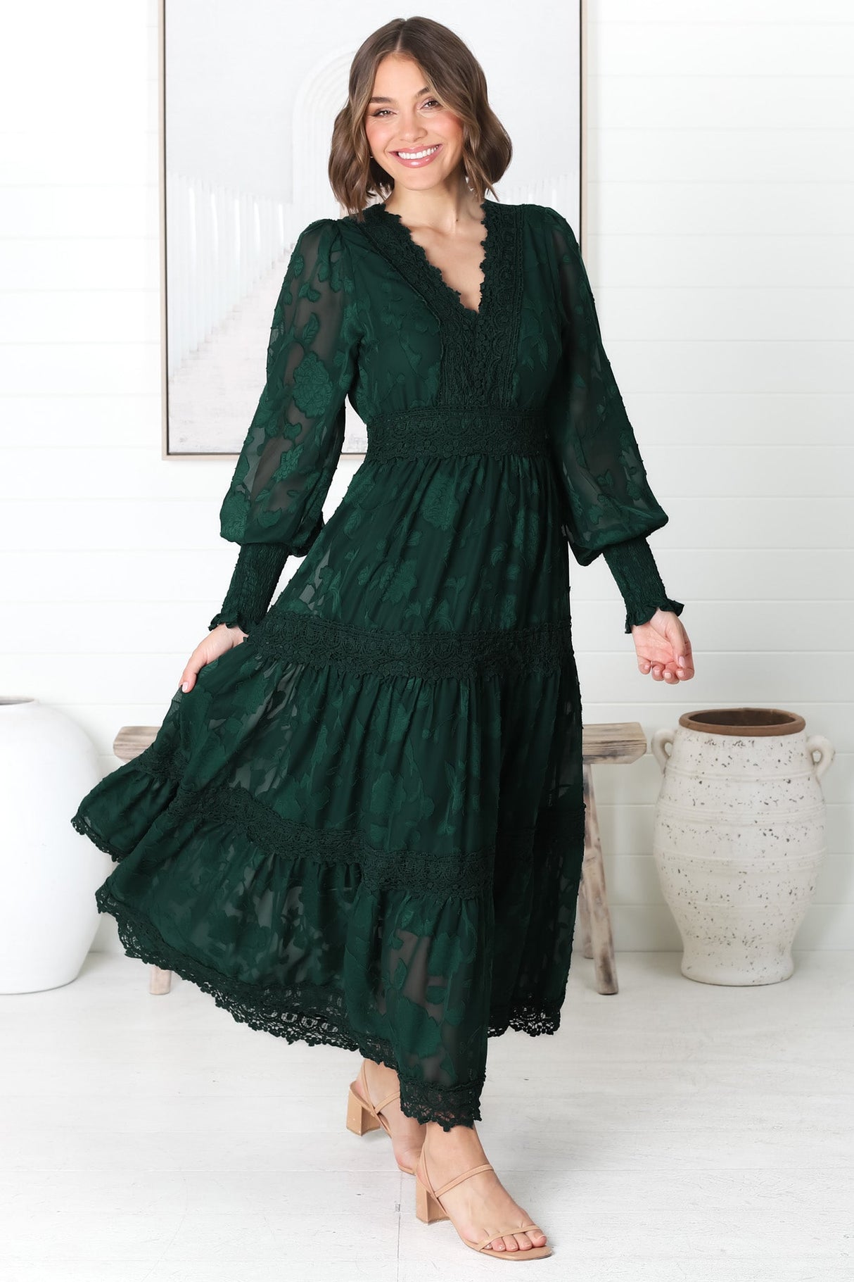 Rouge Maxi Dress - Lace Overlay Tiered Dress in Emerald