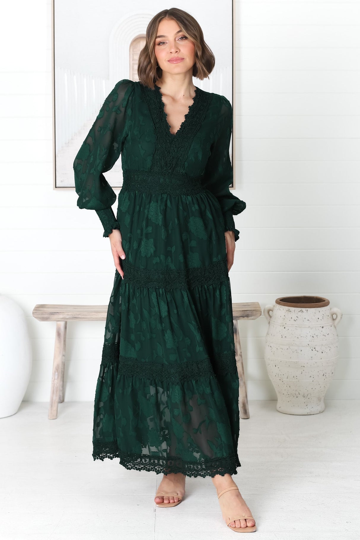 Rouge Maxi Dress - Lace Overlay Tiered Dress in Emerald