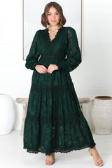 Rouge Maxi Dress - Lace Overlay Tiered Dress in Emerald