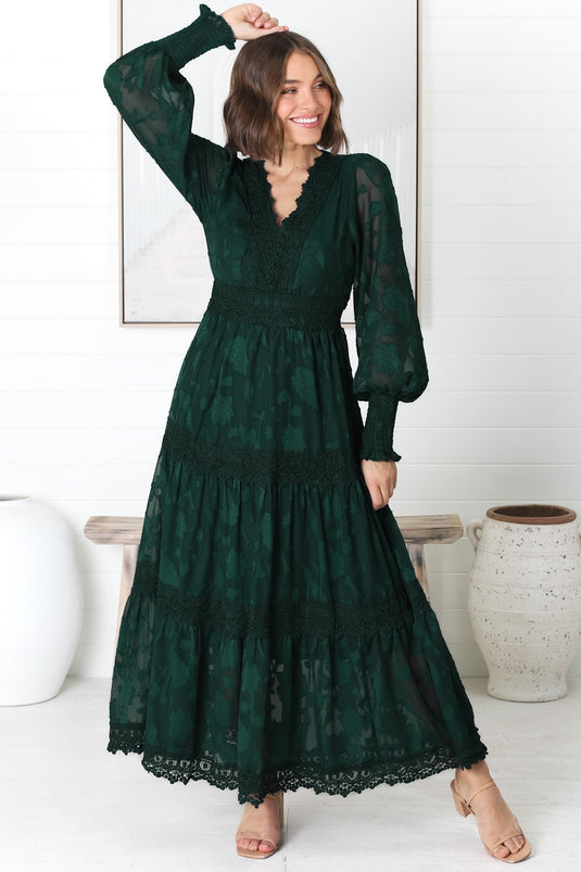 Rouge Maxi Dress - Lace Overlay Tiered Dress in Emerald