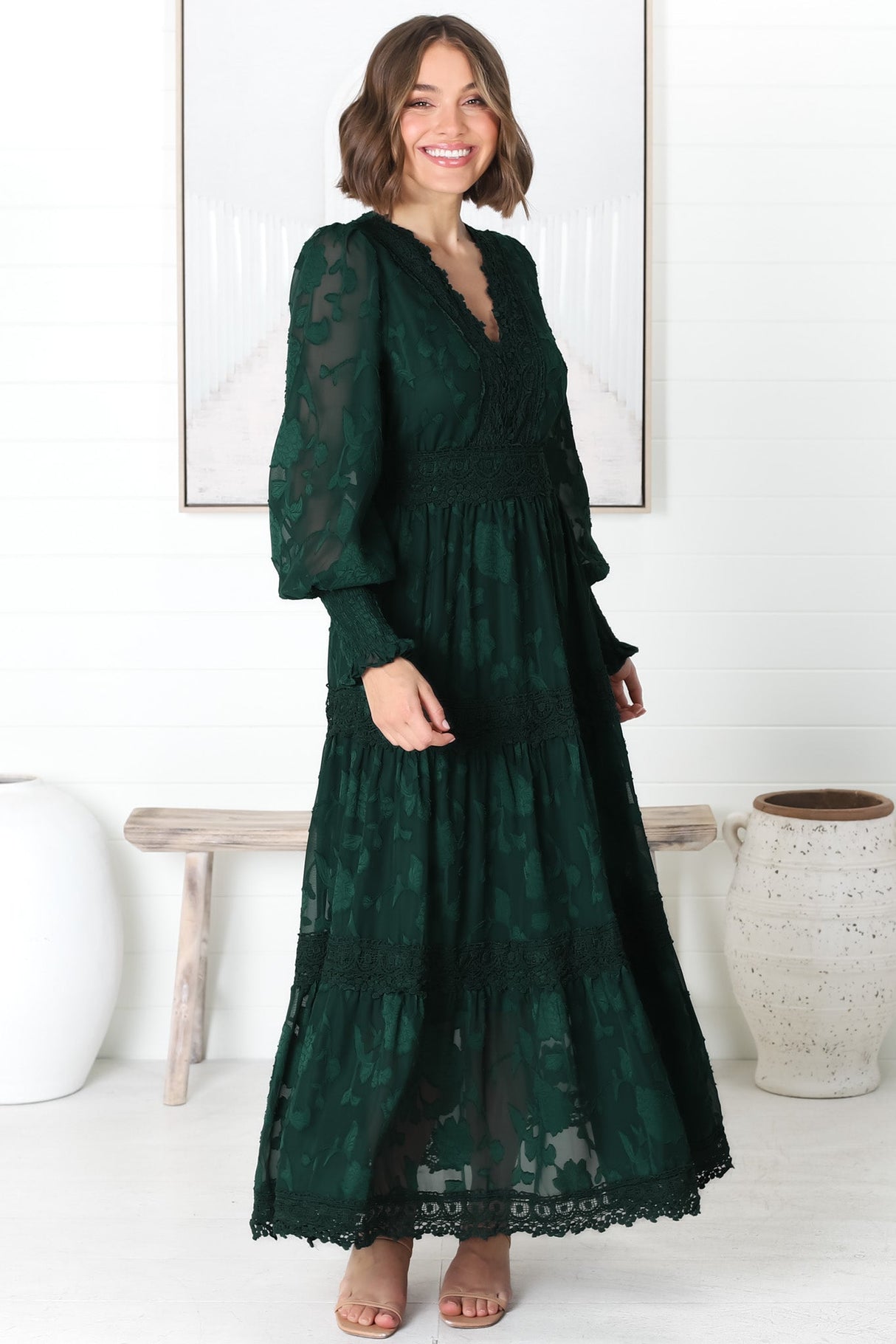 Rouge Maxi Dress - Lace Overlay Tiered Dress in Emerald