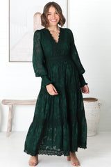 Rouge Maxi Dress - Lace Overlay Tiered Dress in Emerald