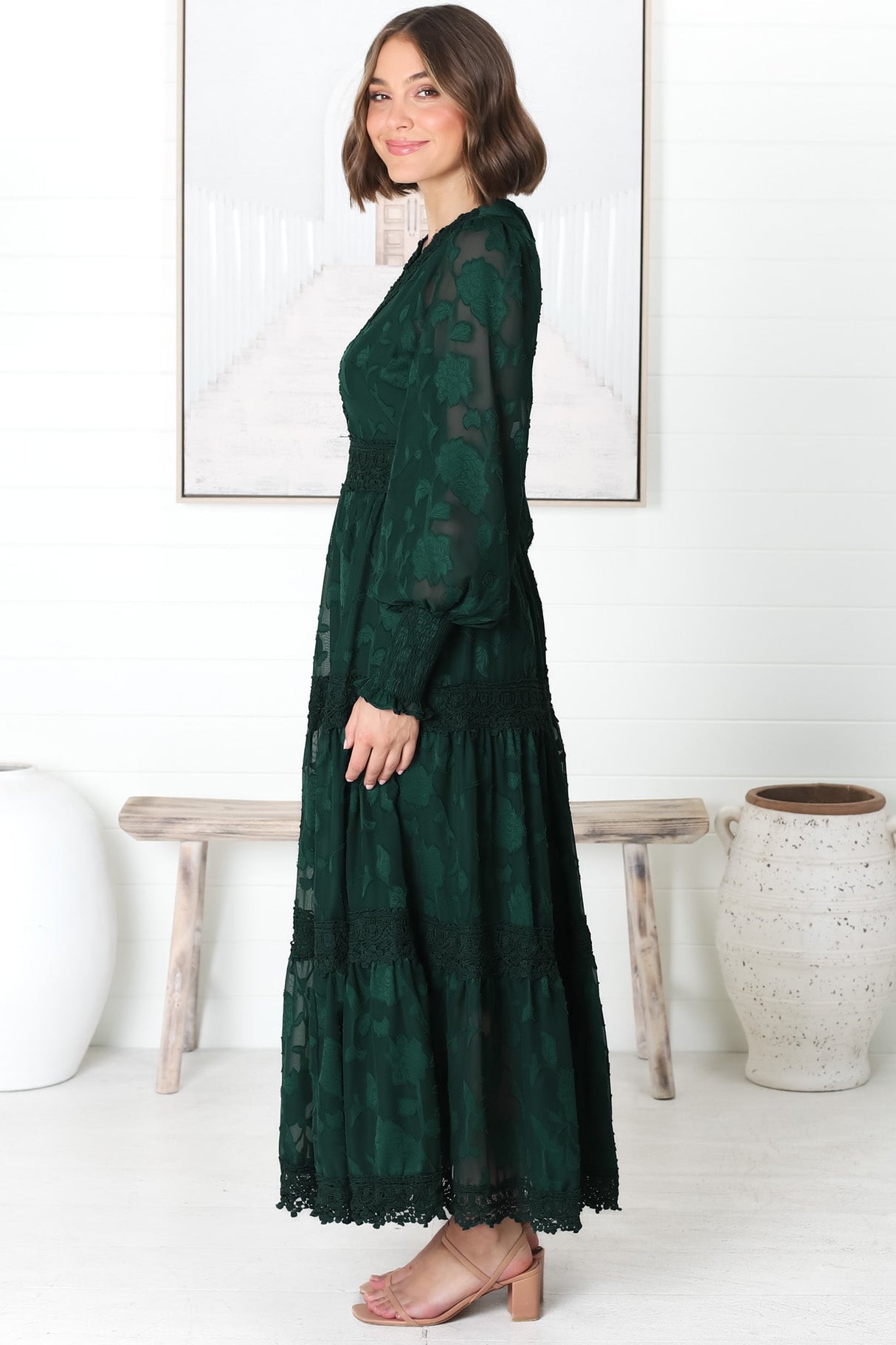 Rouge Maxi Dress - Lace Overlay Tiered Dress in Emerald