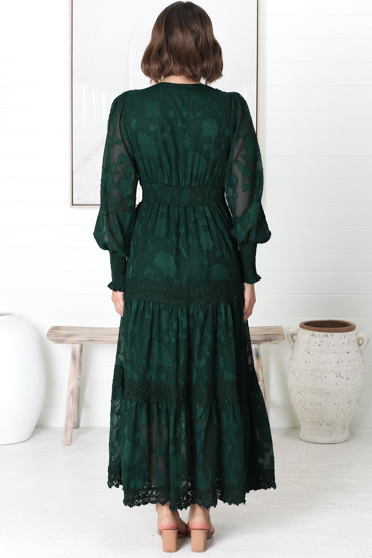 Rouge Maxi Dress - Lace Overlay Tiered Dress in Emerald