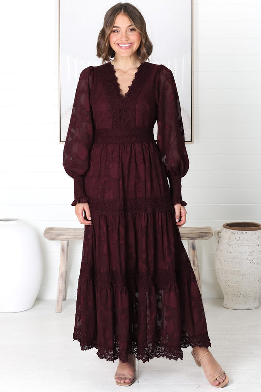Rouge Maxi Dress - Lace Overlay Tiered Dress in Wine