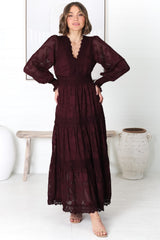 Rouge Maxi Dress - Lace Overlay Tiered Dress in Wine