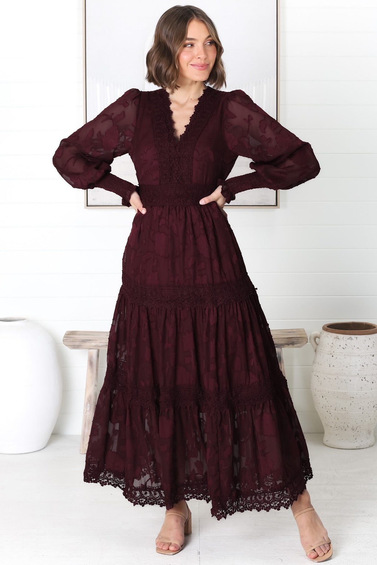 Rouge Maxi Dress - Lace Overlay Tiered Dress in Wine